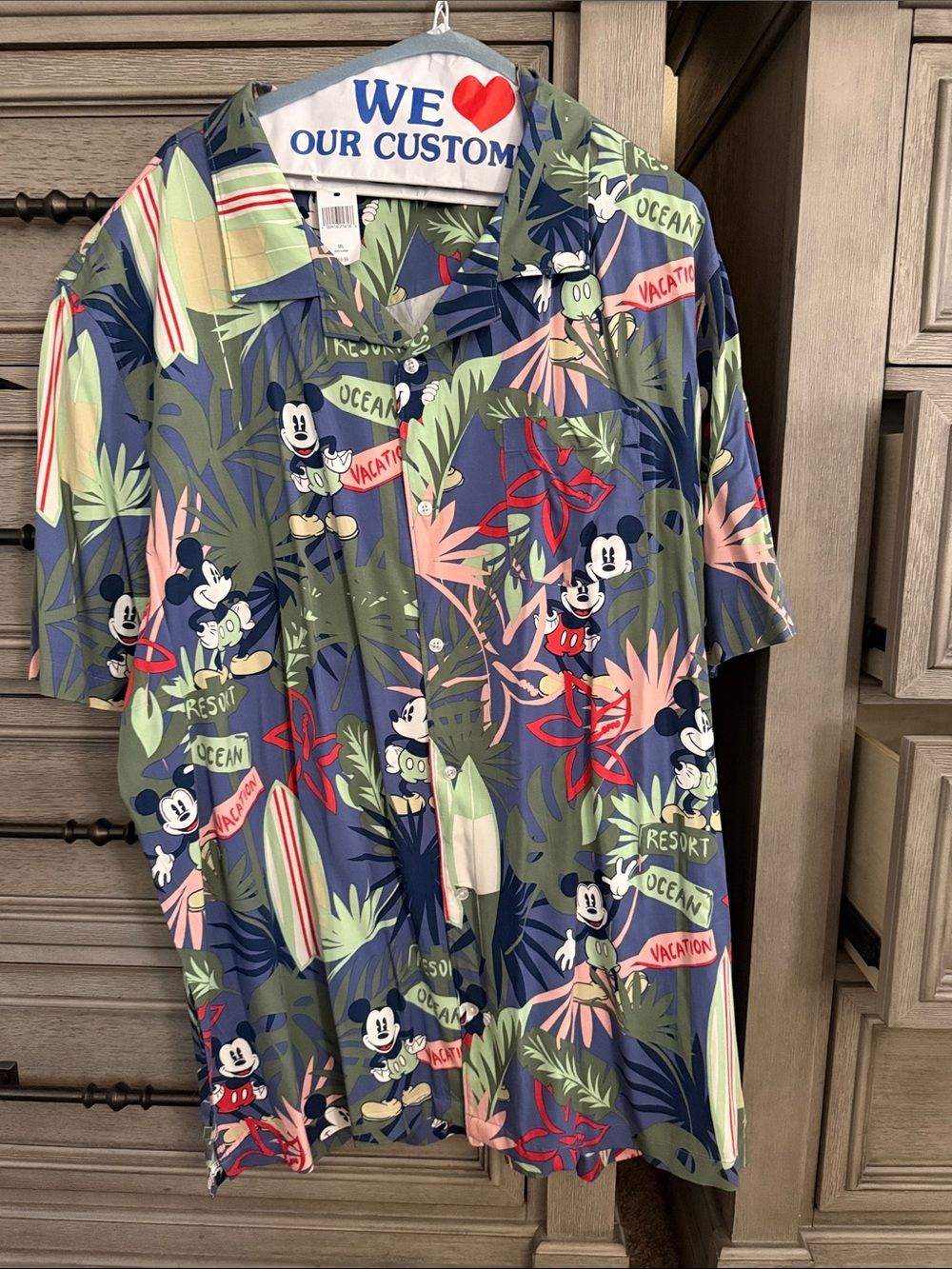 Men's Tropical Mickey Mouse Print Button-Up Shirt - Blue/Green